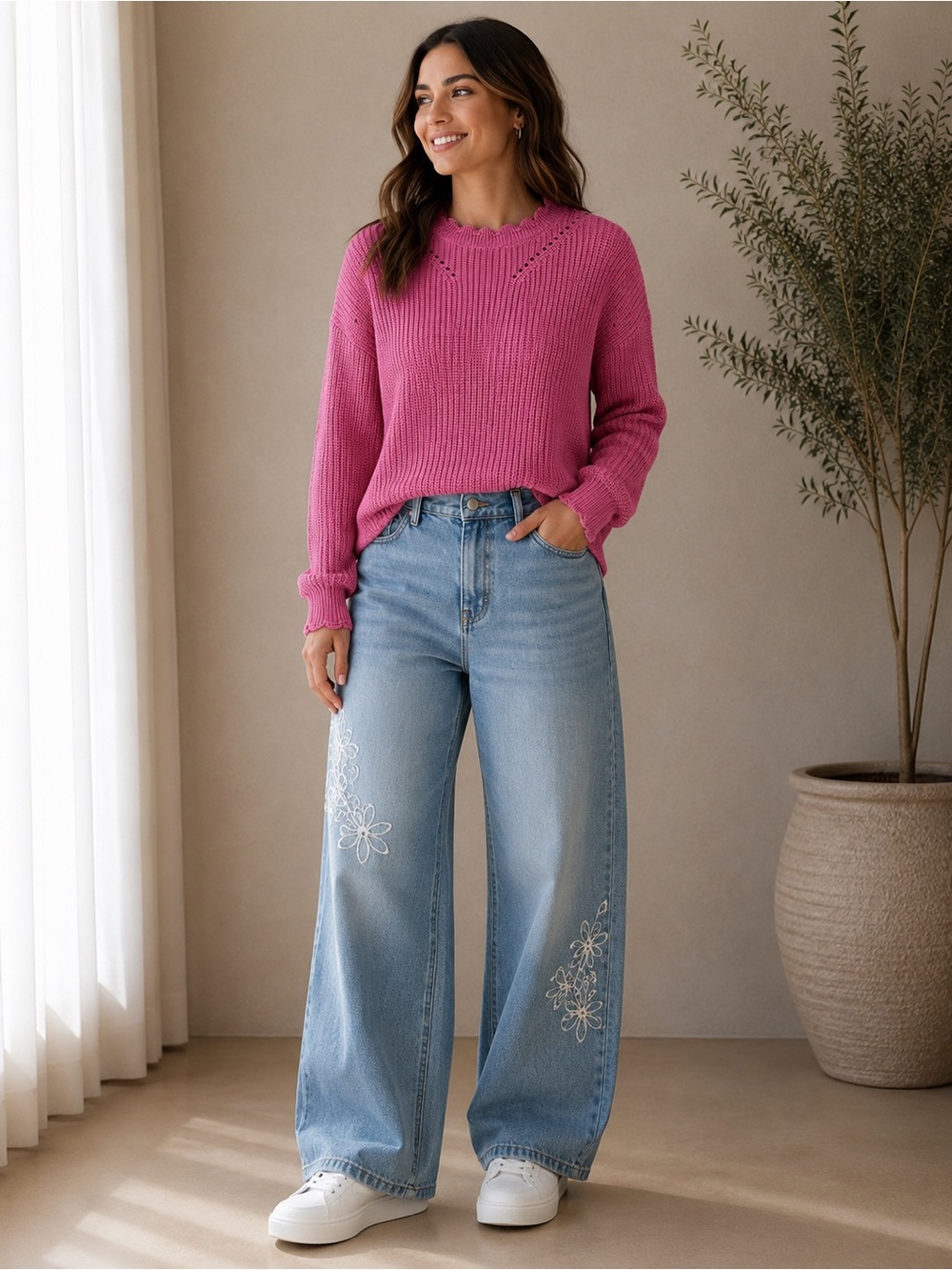 PAIGE Yenni Sweater in Sultry Rose with Scalloped Neck and Balloon Sleeves
